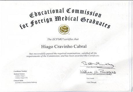 Certificado da ECFMG em nome de Hiago Cravinho Cabral