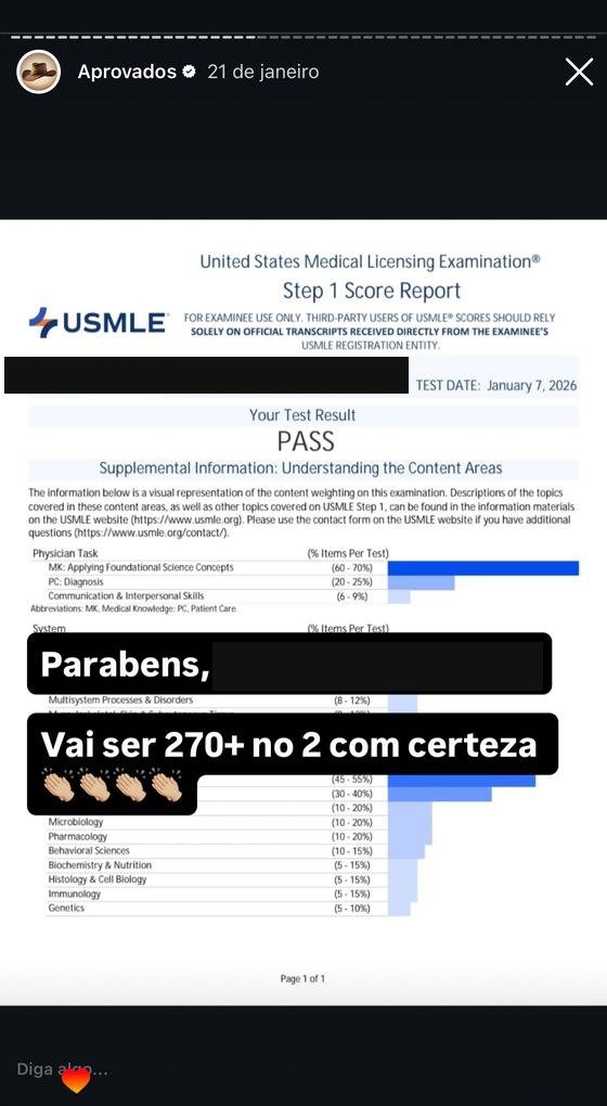 Mensagem de aluno aprovado no USMLE
