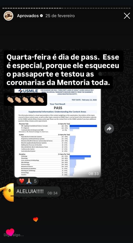 Mensagem de aluno aprovado no USMLE