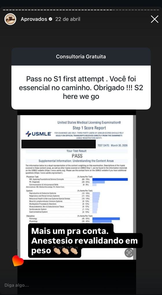 Mensagem de aluno aprovado no USMLE